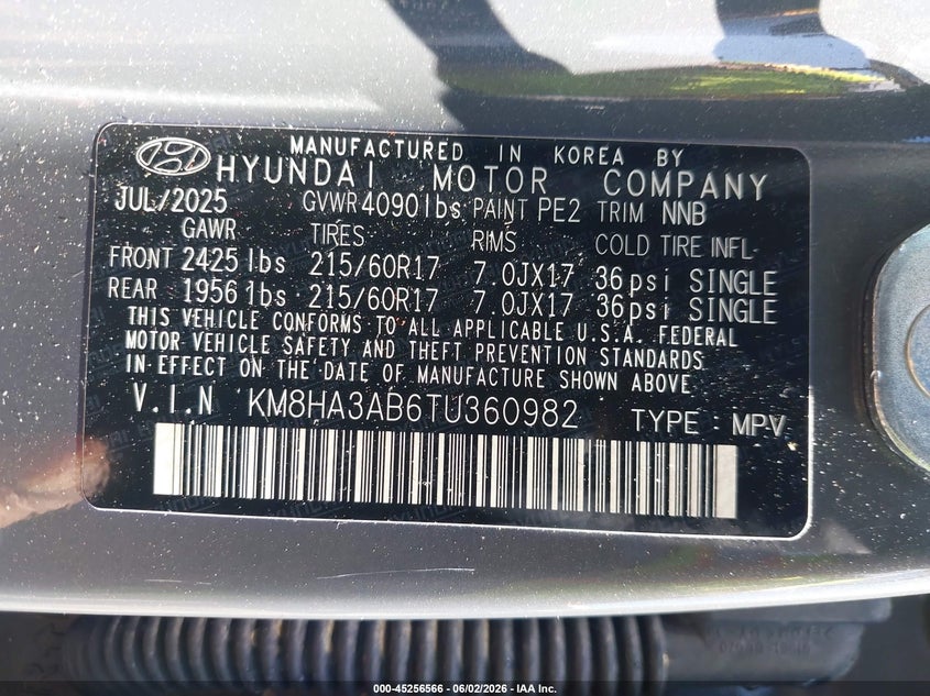 2026 Hyundai Kona VIN KM8HA3AB6TU360982 IAAI salvage auction — FRONT END, Salvage Title, sold $5,400 on 2026-07-22 (photo 9)