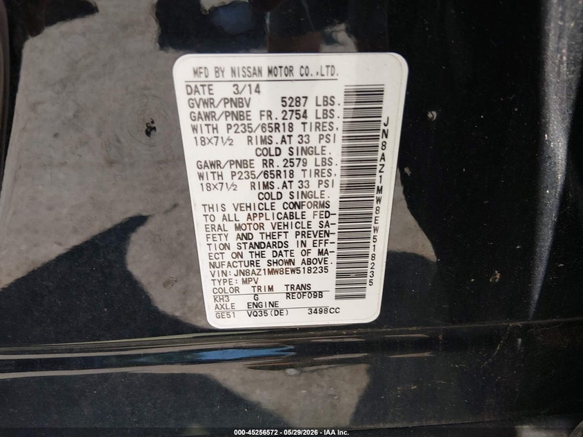 2014 Nissan Murano VIN JN8AZ1MW8EW518235 IAAI salvage auction — NORMAL WEAR, Clear (Maryland), sold $400 on 2026-07-23 (photo 9)