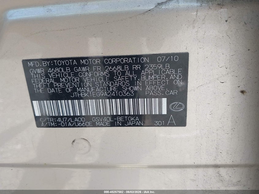 2010 Lexus Es 350 VIN JTHBK1EG9A2410363 IAAI salvage auction — FRONT END, Salvage - Greater Than 75% (Maryland), sold $650 on 2026-07-24 (photo 9)