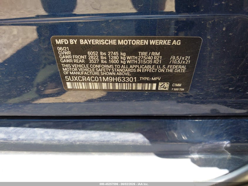 2021 BMW X5 VIN 5UXCR4C01M9H63301 IAAI salvage auction — FRONT END, Salvage Title, sold $18,100 on 2026-07-31 (photo 9)