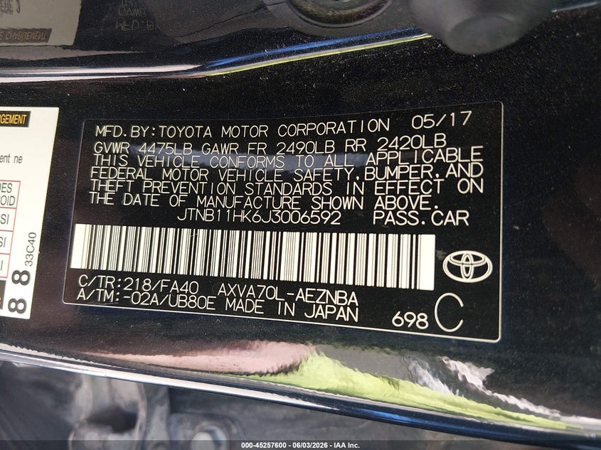 2018 Toyota Camry VIN JTNB11HK6J3006592 IAAI salvage auction — NORMAL WEAR, Certificate Of Title (Nebraska), sold $2,850 on 2026-07-16 (photo 9)