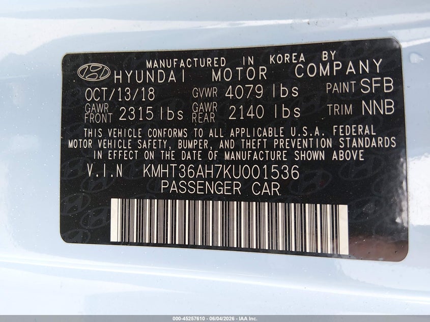 2019 Hyundai Veloster VIN KMHT36AH7KU001536 IAAI salvage auction — REAR END, Salvage Title, sold $25 on 2026-07-30 (photo 9)