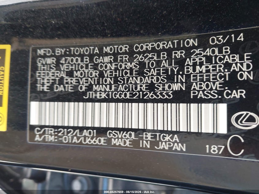 2014 Lexus Es 350 VIN JTHBK1GG0E2126333 IAAI salvage auction — LEFT REAR, Salvage (Idaho), sold $4,100 on 2026-07-29 (photo 9)