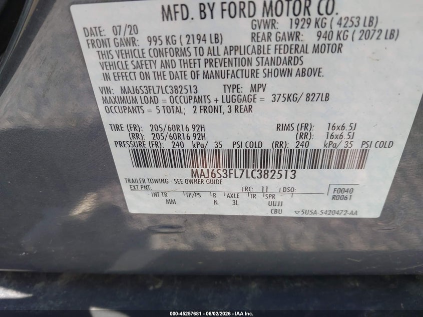 2020 Ford Ecosport VIN MAJ6S3FL7LC382513 IAAI salvage auction — FRONT END, Salvage Title, sold $1,350 on 2026-07-14 (photo 9)