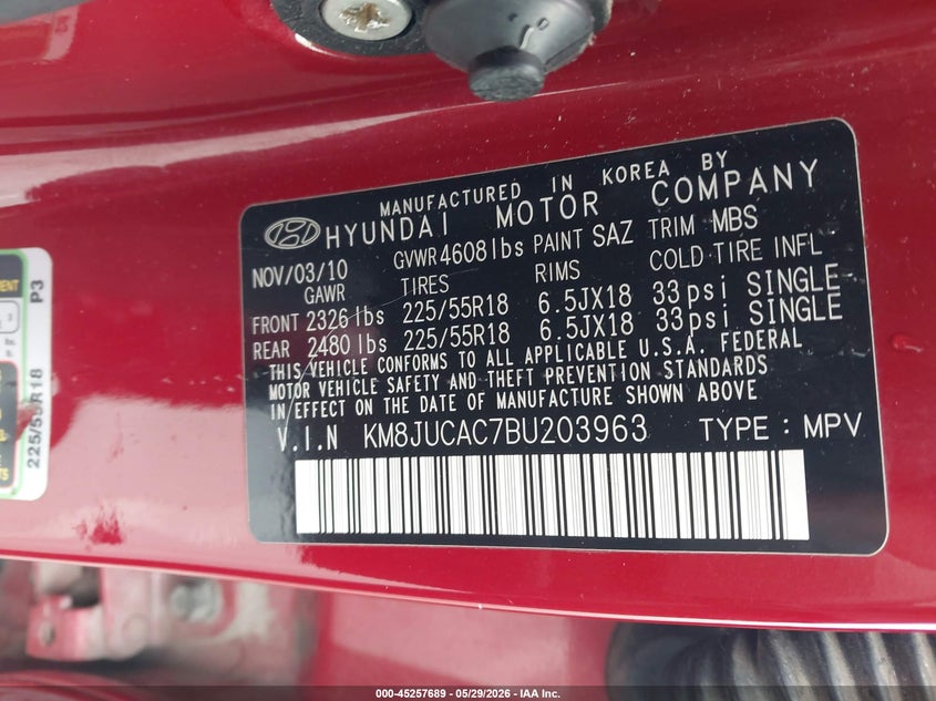 2011 Hyundai Tucson VIN KM8JUCAC7BU203963 IAAI salvage auction — LEFT REAR, Salvage (Oregon), sold $1,200 on 2026-07-07 (photo 9)