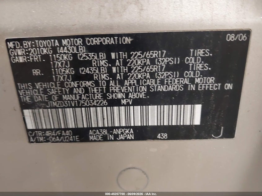 2007 Toyota Rav 4 VIN JTMZD31V175034226 IAAI salvage auction — HAIL, Salvage (Iowa), sold $1,100 on 2026-07-19 (photo 9)