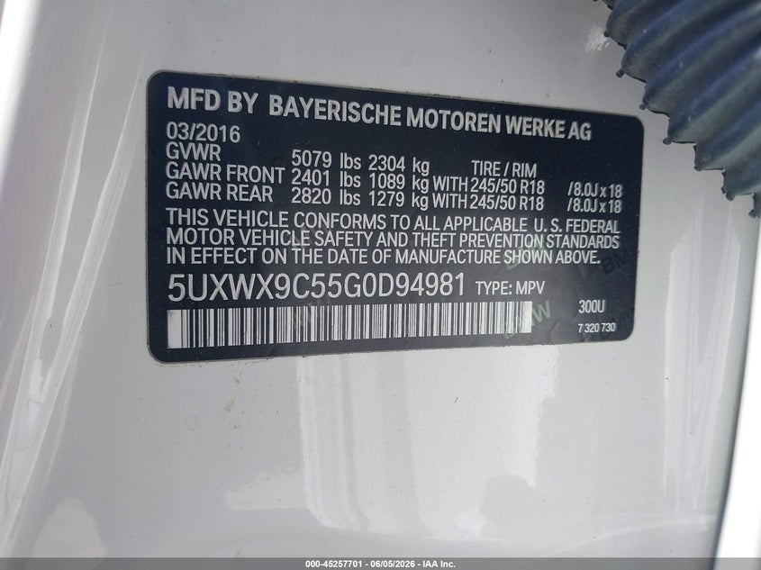 2016 BMW X3 VIN 5UXWX9C55G0D94981 IAAI salvage auction — RIGHT FRONT, Salvage (Massachusetts), sold $2,150 on 2026-07-07 (photo 9)