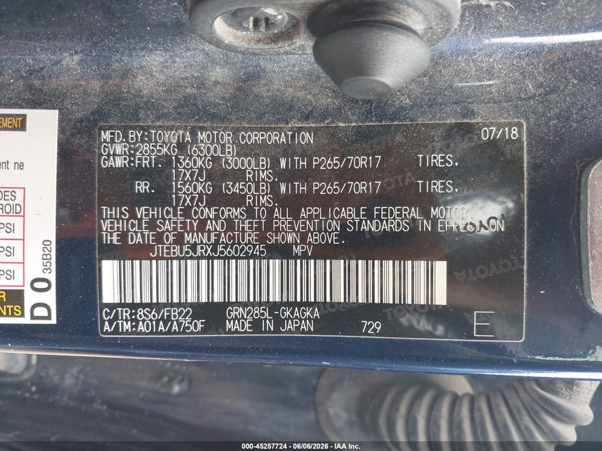 2018 Toyota 4runner VIN JTEBU5JRXJ5602945 IAAI salvage auction — FRONT END, Salvage Title, sold $7,125 on 2026-07-29 (photo 9)