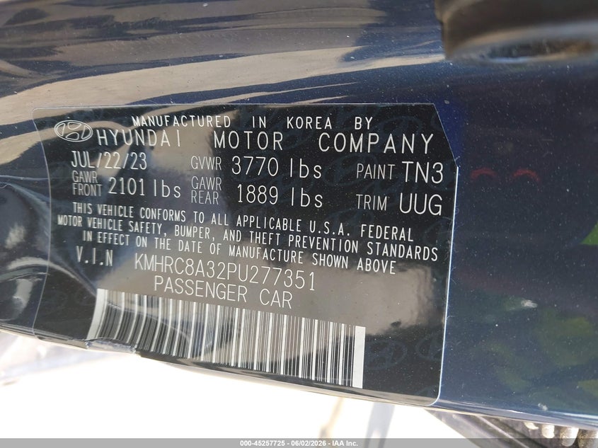 2023 Hyundai Venue VIN KMHRC8A32PU277351 IAAI salvage auction — LEFT SIDE, Salvage Title, sold $3,050 on 2026-07-30 (photo 9)