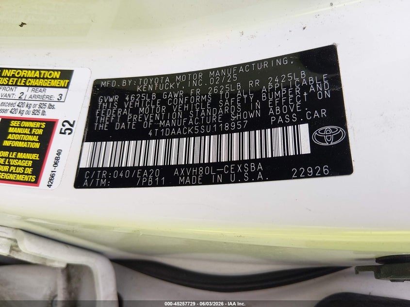2025 Toyota Camry VIN 4T1DAACK5SU118957 IAAI salvage auction — FRONT END, Salvage (Louisiana), sold $16,700 on 2026-08-01 (photo 9)
