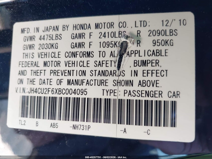 2011 Acura Tsx VIN JH4CU2F6XBC004095 IAAI salvage auction — NORMAL WEAR, Clear (Missouri), sold $1,550 on 2026-07-14 (photo 9)