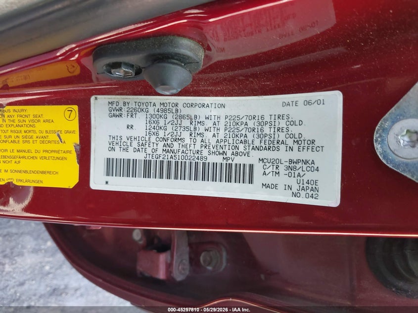 2001 Toyota Highlander VIN JTEGF21A510022489 IAAI salvage auction — FRONT END, Salvage (North Carolina), sold $1,050 on 2026-07-09 (photo 9)