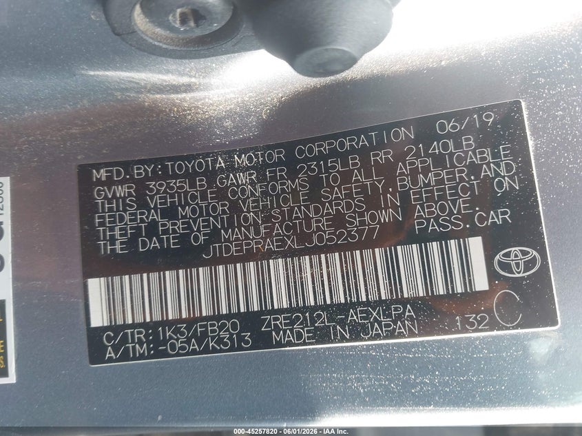 2020 Toyota Corolla VIN JTDEPRAEXLJ052377 IAAI salvage auction — NORMAL WEAR, Clear (Missouri), sold $2,550 on 2026-07-15 (photo 9)