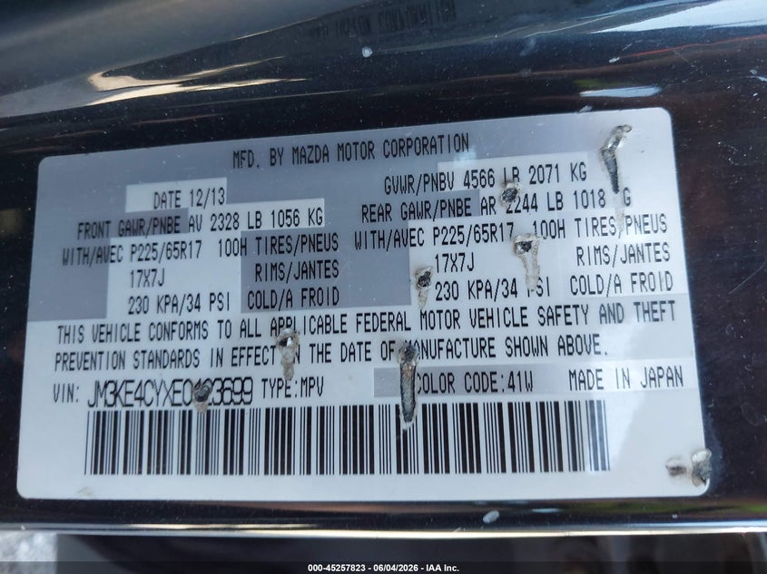 2014 Mazda Cx-5 VIN JM3KE4CYXE0423699 IAAI salvage auction — RIGHT FRONT, Salvage (Kentucky), sold $725 on 2026-07-20 (photo 9)