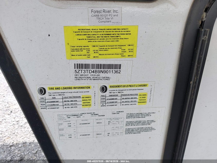 2022 Other Other VIN 5ZT3TD4B9N9011362 IAAI salvage auction — Burn Interior, Salvage (Tennessee), sold $25 on 2026-08-10 (photo 9)