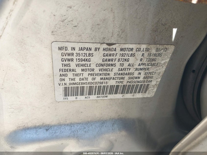 2013 Honda Fit VIN JHMGE8H5XDC029815 IAAI salvage auction — REAR END, Salvage Title, sold $700 on 2026-07-07 (photo 9)