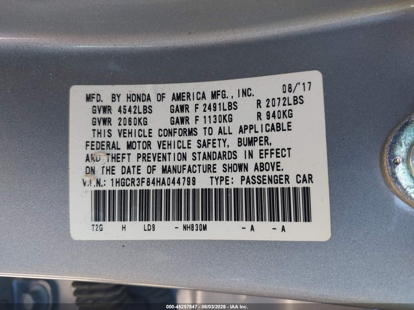2017 Honda Accord VIN 1HGCR3F84HA044799 IAAI salvage auction — RIGHT FRONT, Salvage Title, sold $3,650 on 2026-07-26 (photo 9)