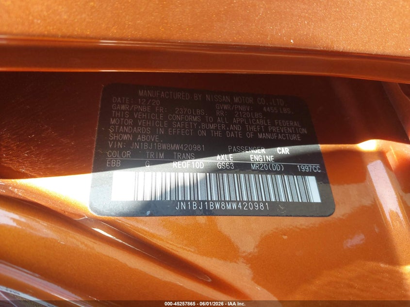 2021 Nissan Rogue VIN JN1BJ1BW8MW420981 IAAI salvage auction — FRONT END, Salvage Title, sold $2,650 on 2026-07-14 (photo 9)