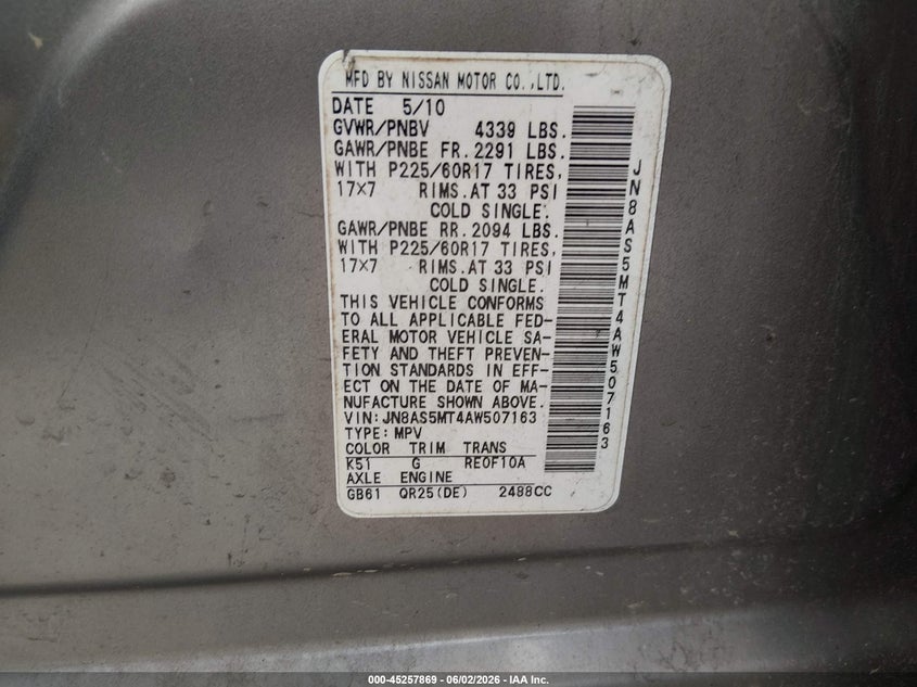 2010 Nissan Rogue VIN JN8AS5MT4AW507163 IAAI salvage auction — LEFT SIDE, Salvage (Louisiana), sold $225 on 2026-07-28 (photo 9)