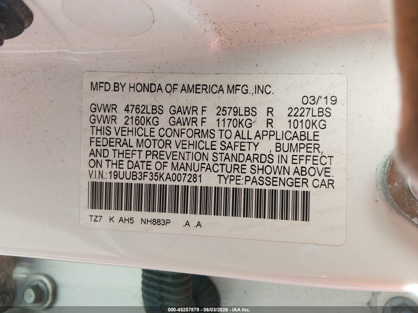 2019 Acura Tlx VIN 19UUB3F35KA007281 IAAI salvage auction — LEFT FRONT, Salvage Title, sold $3,150 on 2026-07-09 (photo 9)