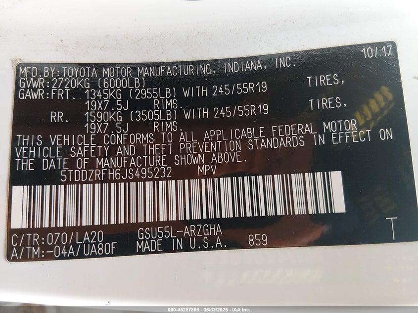 2018 Toyota Highlander VIN 5TDDZRFH6JS495232 IAAI salvage auction — FRONT END, Salvage Title, sold $10,300 on 2026-07-15 (photo 9)