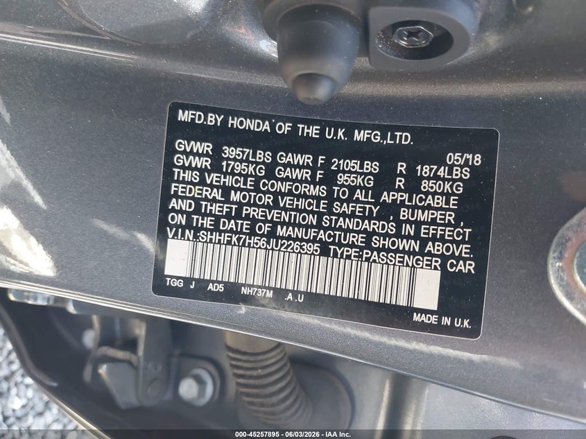 2018 Honda Civic VIN SHHFK7H56JU226395 IAAI salvage auction — FRONT END, Salvage (South Carolina), sold $25 on 2026-07-28 (photo 9)