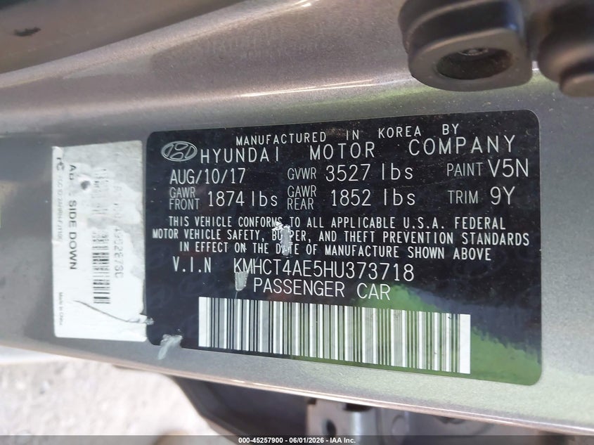 2017 Hyundai Accent VIN KMHCT4AE5HU373718 IAAI salvage auction — NORMAL WEAR, Clear-Dealer Only (Arizona), sold $425 on 2026-07-07 (photo 9)