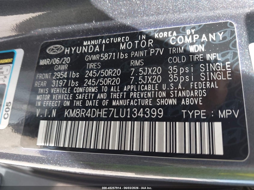 2020 Hyundai Palisade VIN KM8R4DHE7LU134399 IAAI salvage auction — FRONT END, Salvage Title, sold $7,350 on 2026-07-08 (photo 9)