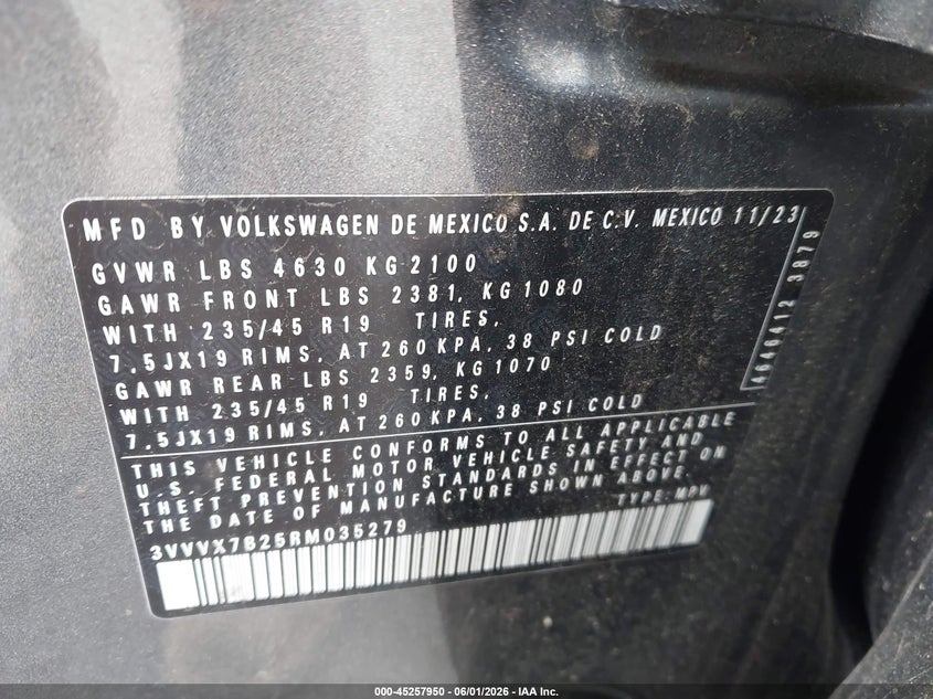 2024 Volkswagen Taos VIN 3VVVX7B25RM035279 IAAI salvage auction — SIDE, Salvage Title, sold $9,100 on 2026-07-28 (photo 9)