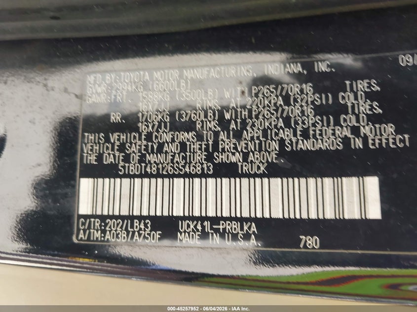 2006 Toyota Tundra VIN 5TBDT48126S546813 IAAI salvage auction — RIGHT SIDE, Salvage (Massachusetts), sold $875 on 2026-07-28 (photo 9)