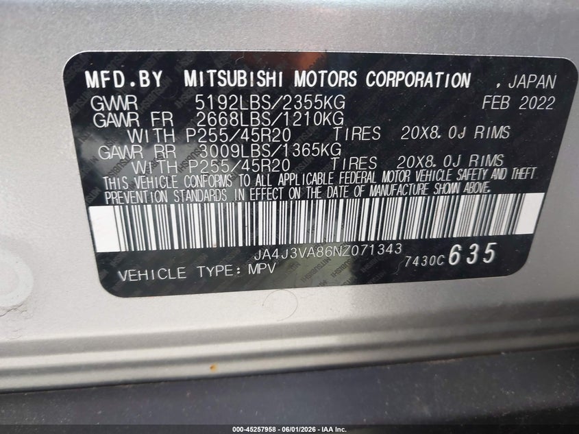 2022 Mitsubishi Outlander VIN JA4J3VA86NZ071343 IAAI salvage auction — FRONT END, Salvage Title, sold $6,900 on 2026-07-08 (photo 9)