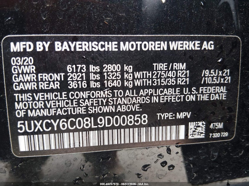 2020 BMW X6 VIN 5UXCY6C08L9D00858 IAAI salvage auction — FRONT END, Salvage (Missouri), sold $28,250 on 2026-07-22 (photo 9)