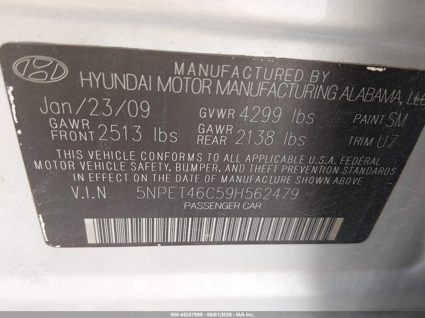 2009 Hyundai Sonata VIN 5NPET46C59H562479 IAAI salvage auction — FRONT END, Salvage (West Virginia), sold $675 on 2026-07-30 (photo 9)