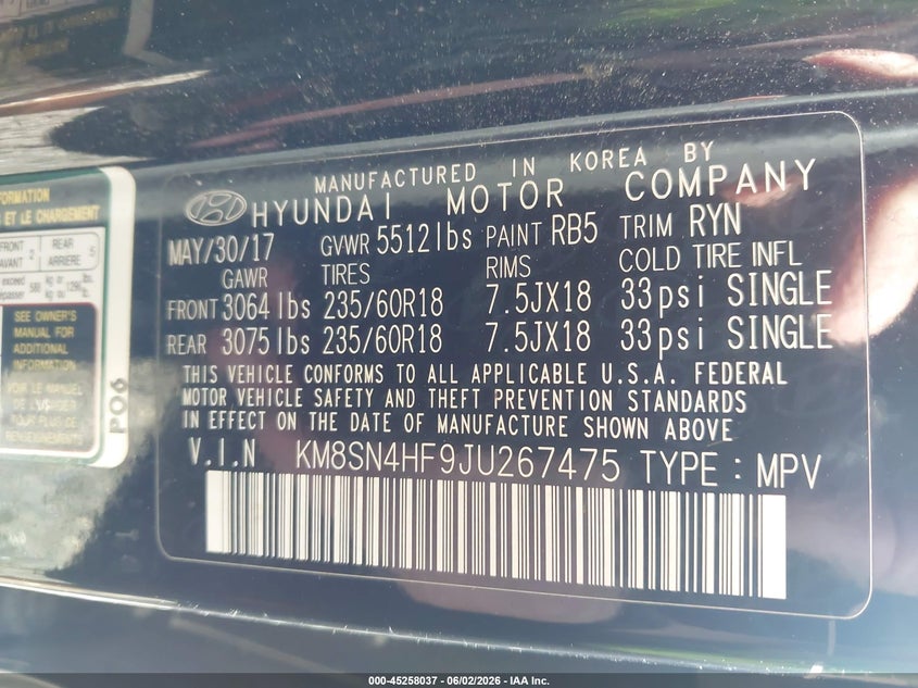 2018 Hyundai Santa fe VIN KM8SN4HF9JU267475 IAAI salvage auction — FRONT END, Salvage Title, sold $1,100 on 2026-07-27 (photo 9)