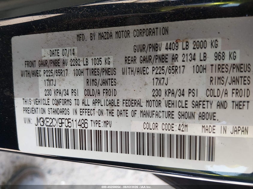 2015 Mazda Cx-5 VIN JM3KE2CY9F0511486 IAAI salvage auction — FRONT END, Salvage (Georgia), sold $2,400 on 2026-07-22 (photo 9)