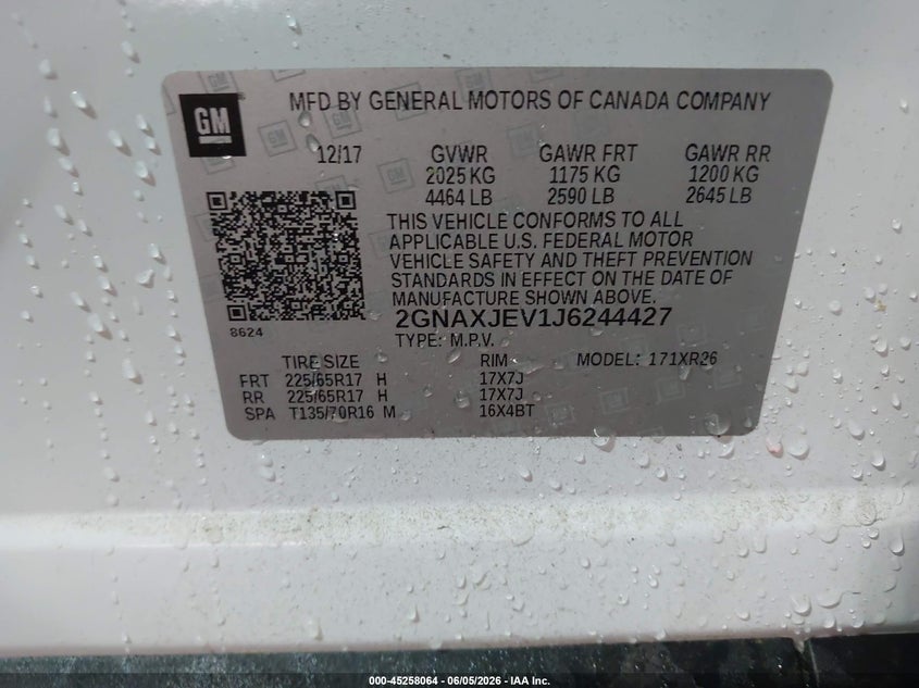 2018 Chevrolet Equinox VIN 2GNAXJEV1J6244427 IAAI salvage auction — LEFT FRONT, Salvage Title, sold $3,700 on 2026-07-19 (photo 9)