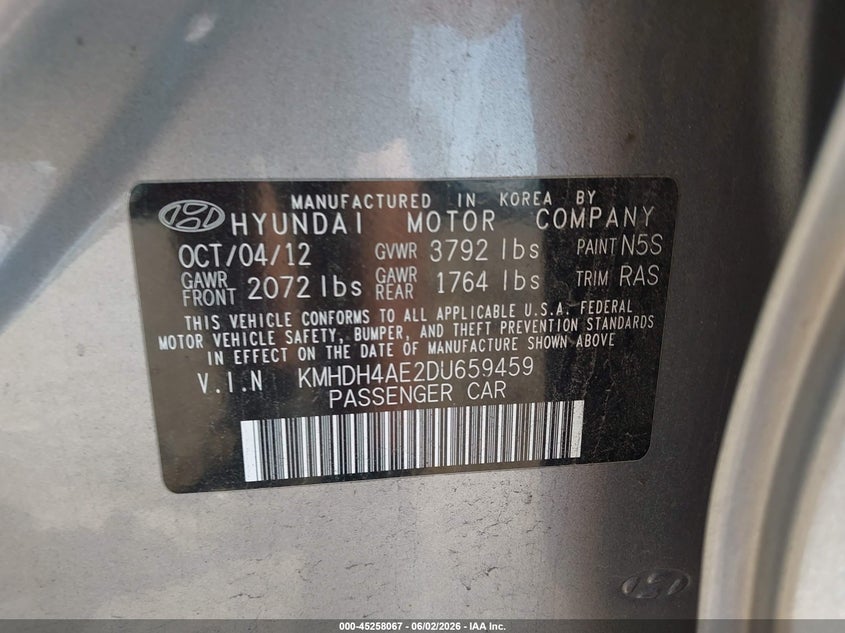 2013 Hyundai Elantra VIN KMHDH4AE2DU659459 IAAI salvage auction — RIGHT FRONT, Salvage Title, sold $500 on 2026-07-29 (photo 9)