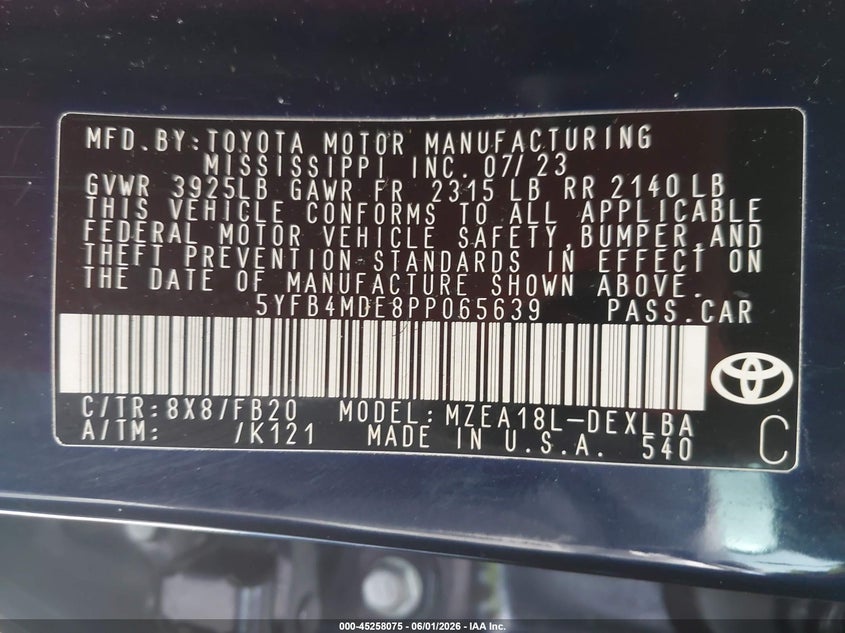 2023 Toyota Corolla VIN 5YFB4MDE8PP065639 IAAI salvage auction — REAR END, Salvage Title, sold $4,850 on 2026-07-09 (photo 9)