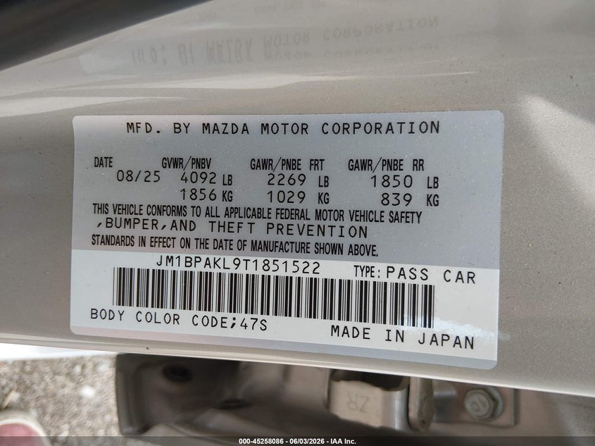 2026 Mazda 3 VIN JM1BPAKL9T1851522 IAAI salvage auction — HAIL, Salvage Title, sold $14,600 on 2026-08-27 (photo 9)