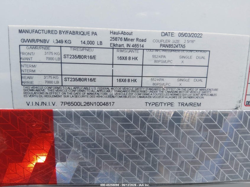 2022 Haul-a-fame 26' enclosed trailer VIN 7P6500L26N1004817 IAAI salvage auction — Unknown, Salvage (Illinois), sold $2,500 on 2026-07-14 (photo 9)