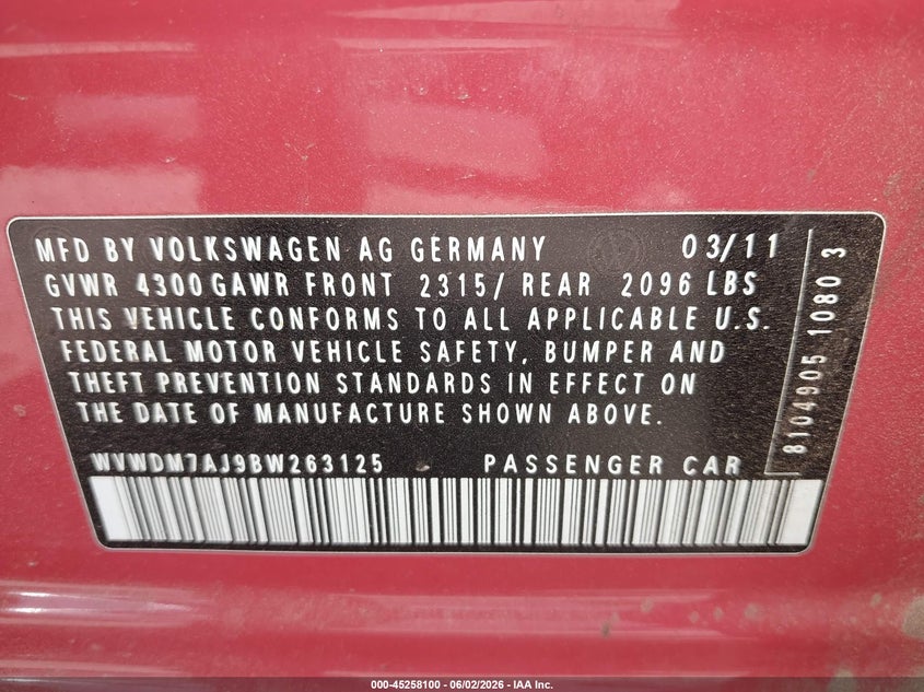 2011 Volkswagen Golf VIN WVWDM7AJ9BW263125 IAAI salvage auction — SIDE, Junk Bill Of Sale Mv2459 (Wisconsin), sold $275 on 2026-07-22 (photo 9)