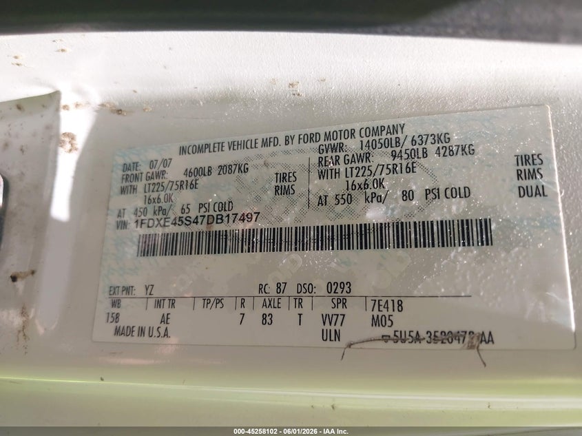 2007 Ford E-450 VIN 1FDXE45S47DB17497 IAAI salvage auction — RIGHT REAR, Original (Texas), sold $250 on 2026-07-20 (photo 9)