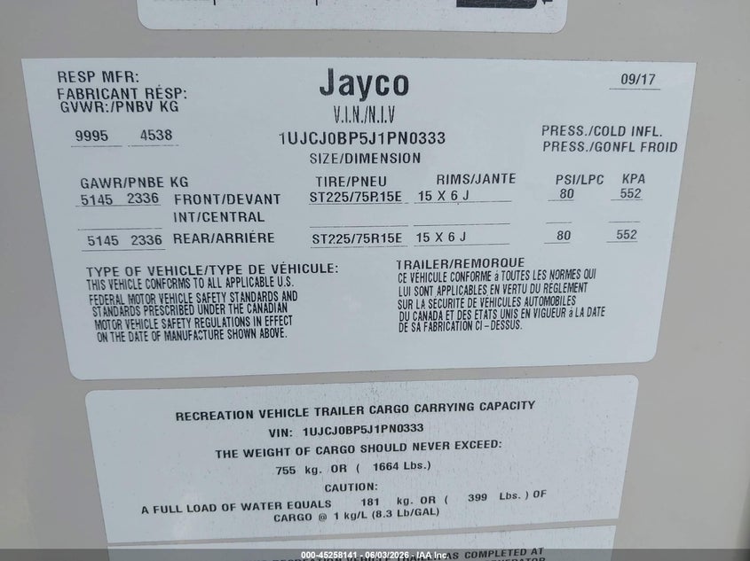 2018 Jayco Eagle VIN 1UJCJ0BP5J1PN0333 IAAI salvage auction — UNKNOWN, Salvage (Indiana), sold $6,950 on 2026-07-08 (photo 9)