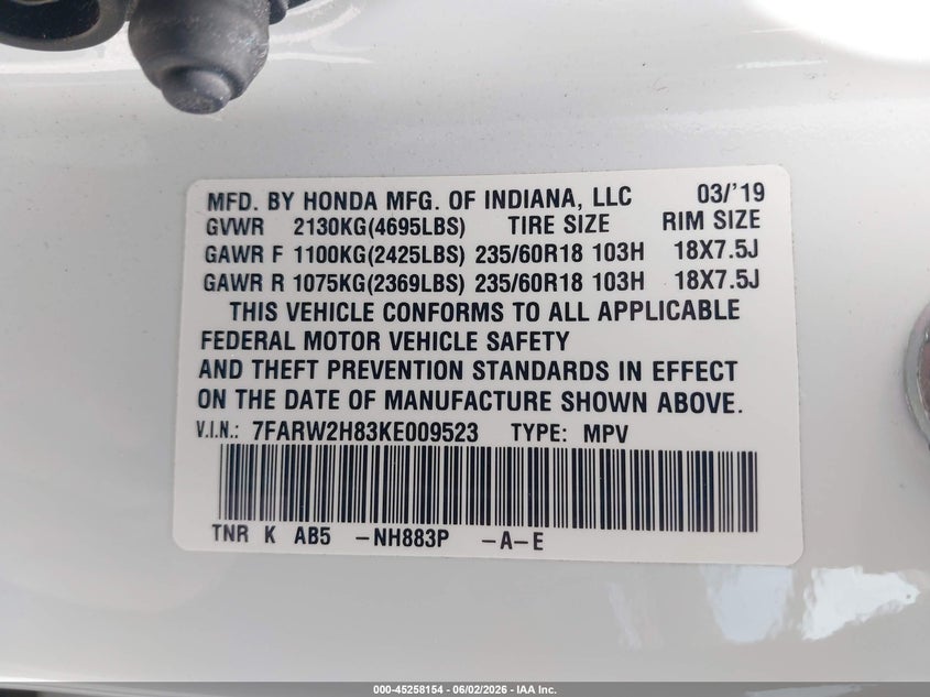 2019 Honda Cr-v VIN 7FARW2H83KE009523 IAAI salvage auction — HAIL, Salvage Title, sold $11,050 on 2026-07-06 (photo 9)