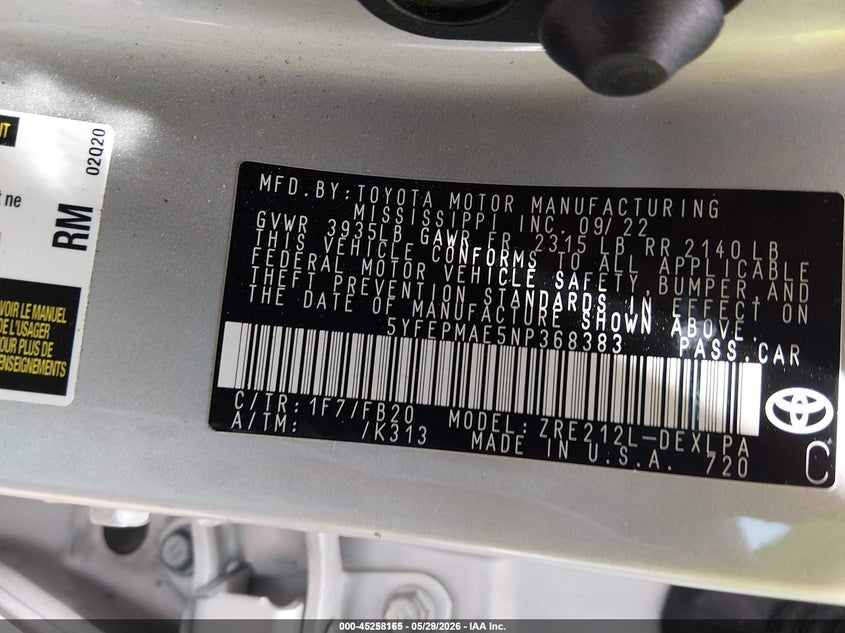 2022 Toyota Corolla VIN 5YFEPMAE5NP368383 IAAI salvage auction — FRONT END, Salvage Title, sold $3,575 on 2026-07-09 (photo 9)