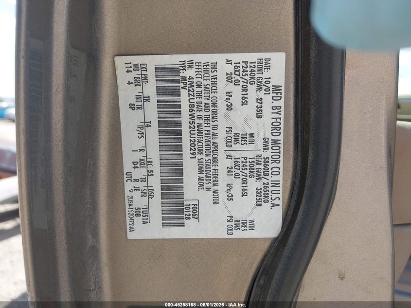 2002 Mercury Mountaineer VIN 4M2ZU86W52UJ20291 IAAI salvage auction — FRONT END, Bill Of Sale (Colorado), sold $50 on 2026-07-29 (photo 9)