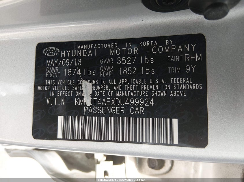 2013 Hyundai Accent VIN KMHCT4AEXDU499924 IAAI salvage auction — REAR END, Clear (Tennessee), sold $25 on 2026-07-21 (photo 9)