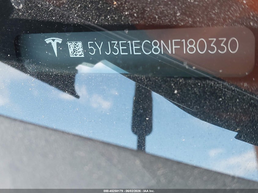 2022 Tesla Model 3 VIN 5YJ3E1EC8NF180330 IAAI salvage auction — REAR END, Salvage Title, sold $7,700 on 2026-07-09 (photo 9)