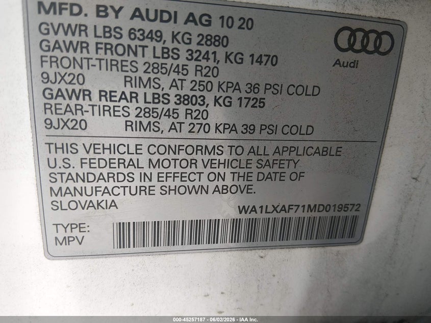 2021 Audi Q7 VIN WA1LXAF71MD019572 IAAI salvage auction — STORM DAMAGE, Salvage (South Carolina), sold $15,300 on 2026-07-08 (photo 9)