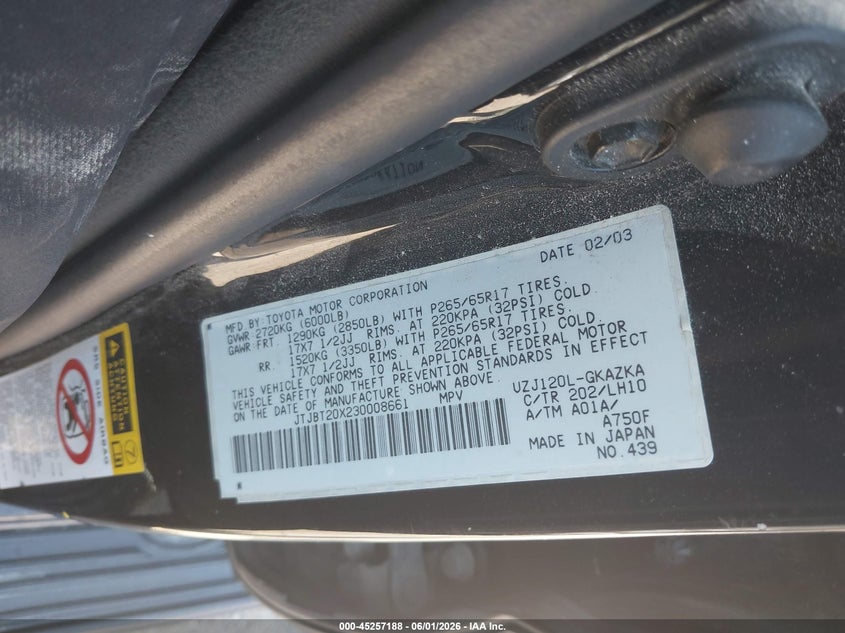 2003 Lexus Gx 470 VIN JTJBT20X230008661 IAAI salvage auction — LEFT FRONT, Salvage (Iowa), sold $1,875 on 2026-07-20 (photo 9)